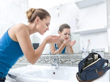 Чоловіча та жіноча дорожня косметичка з канвасу, розкладний органайзер для туалетних аксесуарів (блакитна, велика) 28x16x14 см