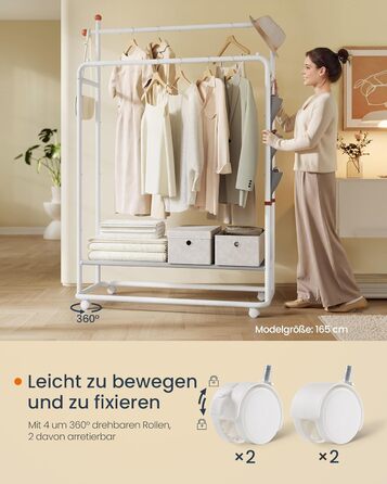 Стойка для одежды SONGMICS HOME на колесах, гардеробна стійка з 2 перекладинами, полиця, бічний органайзер, гачки у формі сірника, стабільна, для спальні, передпокою, HSR171B01 (50T x 189,6H cm, Матовий)