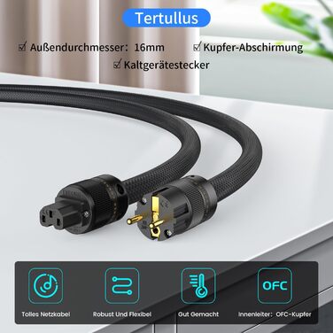 Hi-Fi мережевий кабель Tertullus High End C15 для аудіотехніки, роз'єм Schuko та C15, 1м (P104-c15)