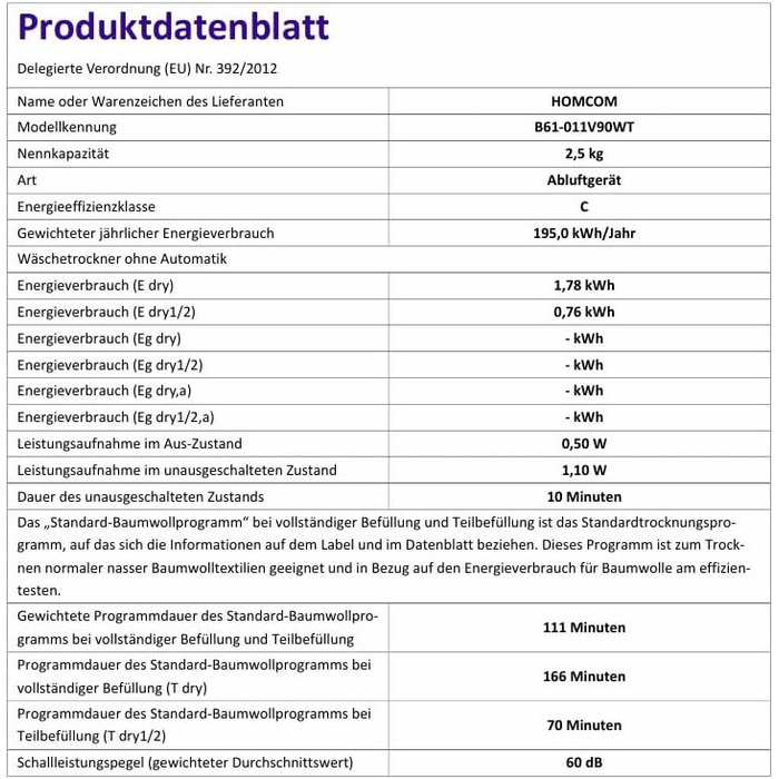 Міні-сушарка для одягу HOMCOM з 6 програмами, LED-дисплеєм, 4 кг, до 60°C, 800W, окремо стояча/настінна, з захистом від перегріву, біла