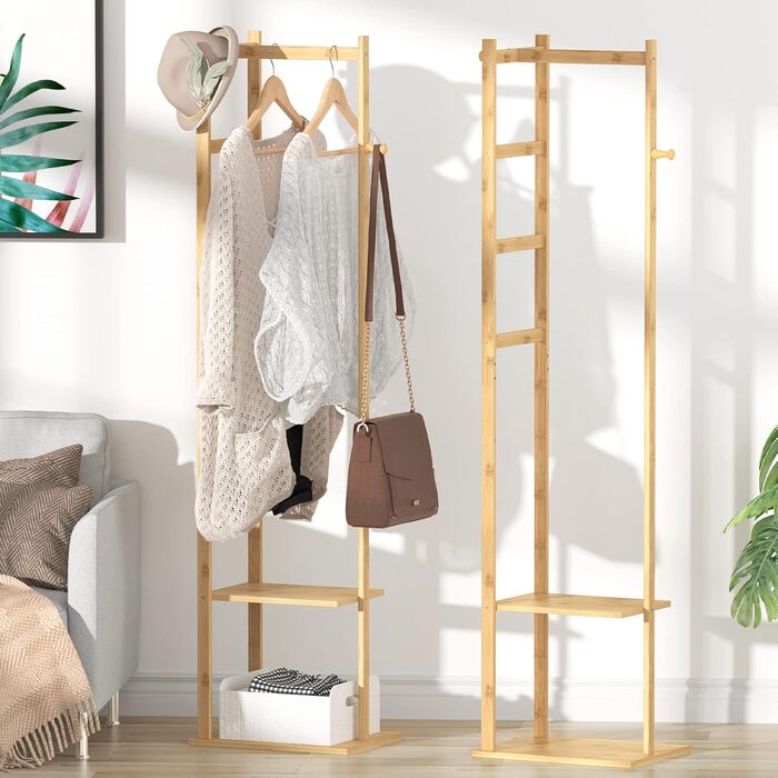 unho Bamboo Wardrobe Rack, Freestanding Clothes Rack, Coat Rack with Clothes Rail, 2 Shelves, 3 Hooks for Clothing, Hats, Bags, Hallway, Entrance Area