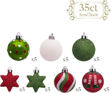 Набір ялинкових прикрас Victor's Workshop 35 шт. 5 см, пластикові кулі, червоно-зелено-білий декор для ялинки