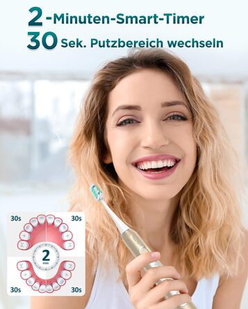 Електрична звукова зубна щітка для дорослих з 8 насадками та кейсом для подорожей, 5 режимів, водонепроникна IPX7, до 90 днів роботи від акумулятора (Золота)