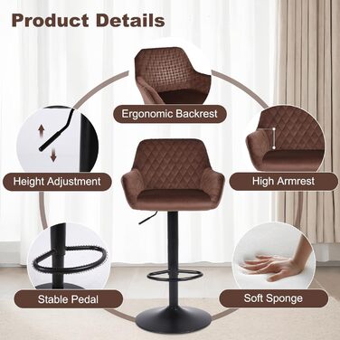 Ralex Adjustable Swivel Bar Stools 2-Pack - Velvet Upholstered Counter Height Stools with Backrest & Armrests for Kitchen, Bar & Countertops (Brown)