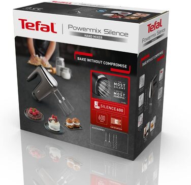 Ручний міксер Tefal Power Mix Silence HT650E, 600 Вт, тиха робота, 2 віночки, 2 гачки, регулятор швидкості, турбо, сірий
