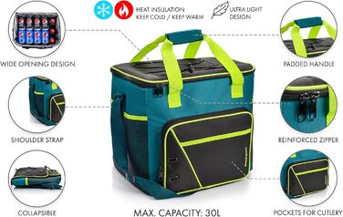 Термосумка 30 л - ідеальна для кемпінгу, пікніка, фестивалю, зберігання їжі та напоїв. Колір: морська хвиля