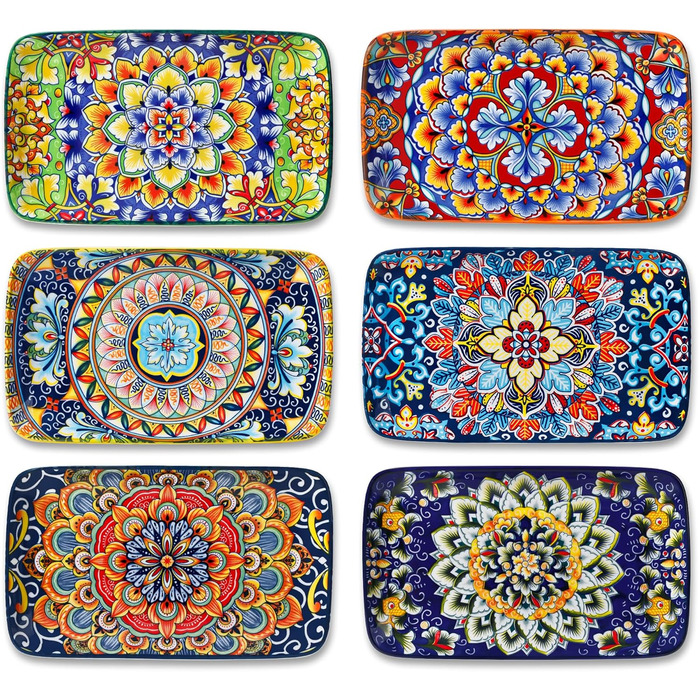 Vancasso Serving Plates, Porcelain, SIMI Rectangular Plate Set, 6-Piece Bohemian Dinner Plate Set, Plate Set for 6 People, 22 x 13 x H 2.3cm