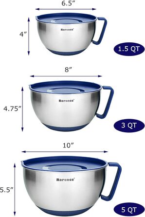 Rorence Stainless Steel Mixing Bowls with Pour Spout, Handle, and Lid, 3-Piece Set, Blue