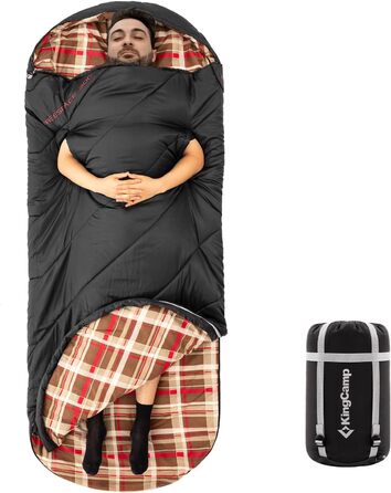 Сплячий мішок KingCamp XXL з бавовни фланелі для дорослих, великий, теплий, зимовий, для кемпінгу, подорожей та активного відпочинку на природі, 4-сезонний, 220x100 см, чорний