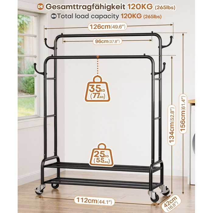 Стійка для одягу Yorbay на колесах: металева, 2 перекладини, 4 гачки, 2 полиці для зберігання, до 120 кг, 112 см (ширина)