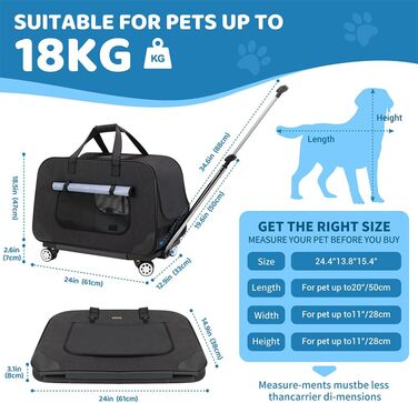 Переносний переноска для тварин з телескопічною ручкою, переноски для собак та котів з колесами (Чорний)