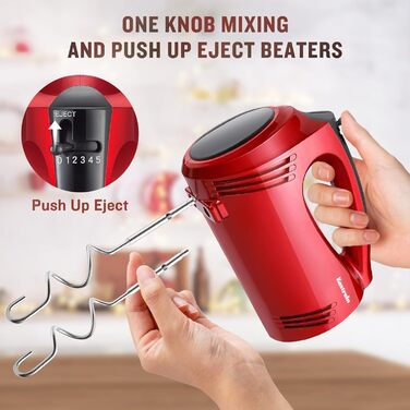 Ручний міксер 350 Вт, 5 швидкостей, з нержавіючої сталі (віночок та гак для тіста), ергономічна ручка, довгий кабель, BPA-free – Білий KS1 S1 Білий (Ретро-червоний)