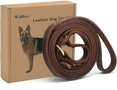 Wellbro Dog Leash made of genuine leather, soft, adjustable pet retriever leash with slider, durable, 1.8 m long x 1.8 cm wide, Brown