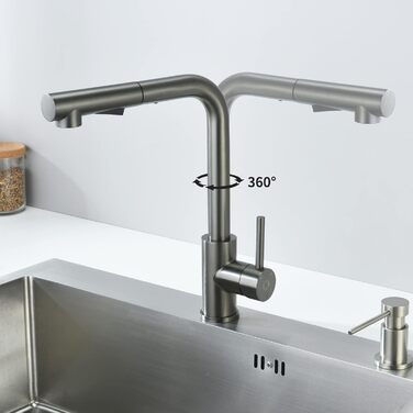 Змішувач кухонний висувний CECIPA з душем, нержавіюча сталь, 2 режими, 360° обертання, високий тиск, щіткова сталь (грашко-чорний)