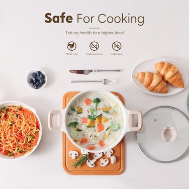 Набір посуду Kordisen з антипригарним покриттям, 5 предметів: каструлі та сковороди, кераміка, білий. Підходить для індукційних плит, без PFOA та PFAS