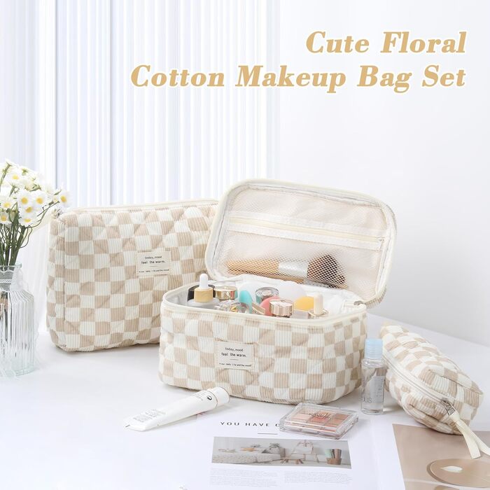 Набір косметичок 3 шт. з квітковим принтом, для подорожей та повсякденного використання | Косметичка для макіяжу для жінок та дівчат. Хакі в клітинку