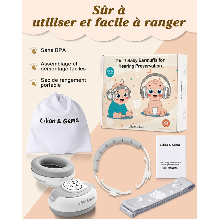 Навушники для захисту від шуму Lilian&Gema для немовлят - 2 в 1, 25dB, білі