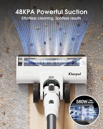 Бездротовий пилосос Klarpul 4800Pa з LED-дисплеєм та антизаплутувальною насадкою, 65 хвилин роботи, швидка зарядка 2 години, для твердих поверхонь та килимів, срібний