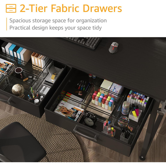 Small Black Computer Desk with Fabric Drawers - Home Office & Gaming - 39.4 inch