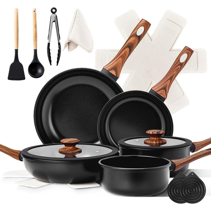 Набір каструль LEADZM з керамічним покриттям (22 частини) - сумісний з усіма плитами, без PFOA/PFOS, бежевий + чорний та натуральний кольори