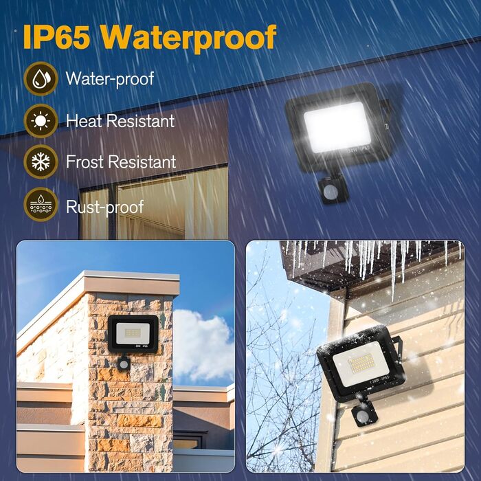 LED Floodlight 50W, Outdoor 5000LM, Spotlight 72 LED IP65 Waterproof, Outdoor Floodlight 6500K Cold White, 230V for Garage, Garden 【2 Pack Black】 (35wg 6500k Cold White, Motion Sensor)