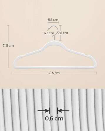 SONGMICS Плечики для одягу з оксамиту, 20 шт., для сорочок, жакеток, пальто та костюмів, білі, 41,5 см, обертаються на 360°