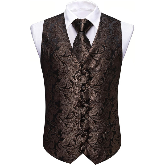 Костюмний комплект Barry.Wang: костюм-трійка (жакет, краватка, нагрудна хустка), краватка, метелик, затискач для краватки, запонки, голкозачіп, для весілля, чорний/коричневий, розмір S