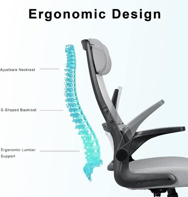 Ергономічне крісло для офісу з регульованою підголовником, сітчасте крісло для робочого столу, відкидні підлокітники, широке сидіння, функція гойдання, комп'ютерне крісло EN 1335, офісне крісло 200 кг, сіре та чорне