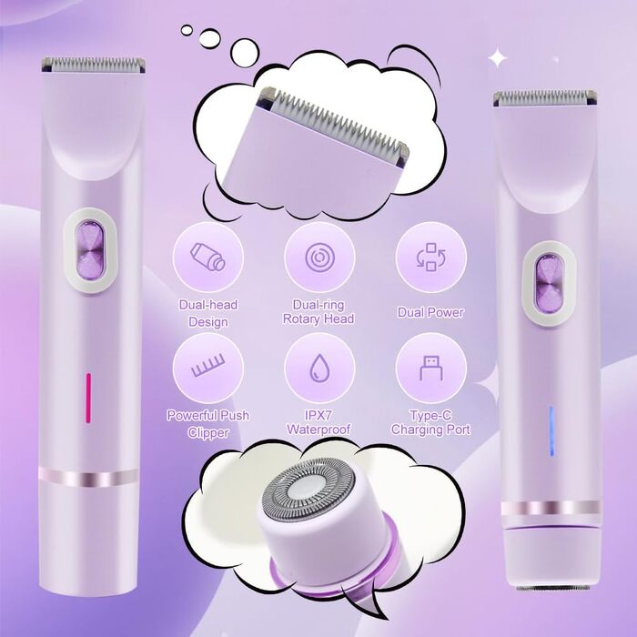 Електричний триммер для бікіні 2-в-1 для жінок та чоловіків – для гладкої шкіри, для інтимної зони, фіолетовий