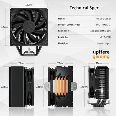 upHere Охолоджувач CPU з 4 Heatpipe, сумісний з Intel 2011/2066 (X79/X99) та AM5/AM4, 120мм вентилятор PWM
