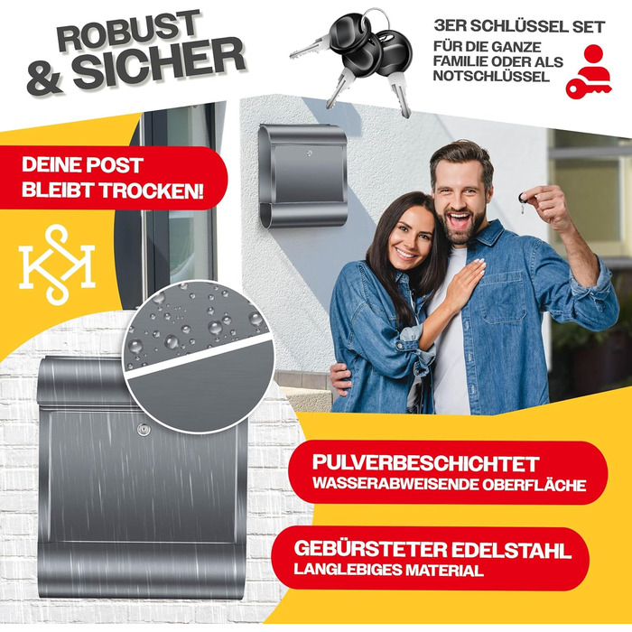 Поштовий ящик настінний KESSER XXL нержавіюча сталь, з газетницею, замок (3 ключі), антрацит