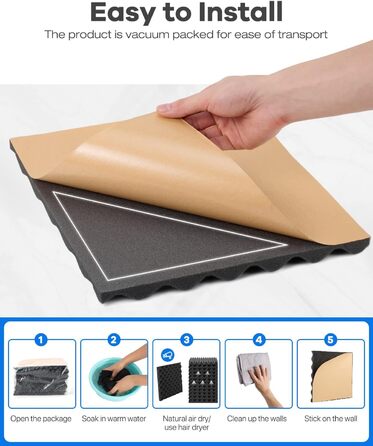 Акустичний шумопоглинаючий поролон самоклеючий, 12 шт, вогнестійкі панелі-піраміди для студії, офісу та дому, 30×30×2,5 см, чорний