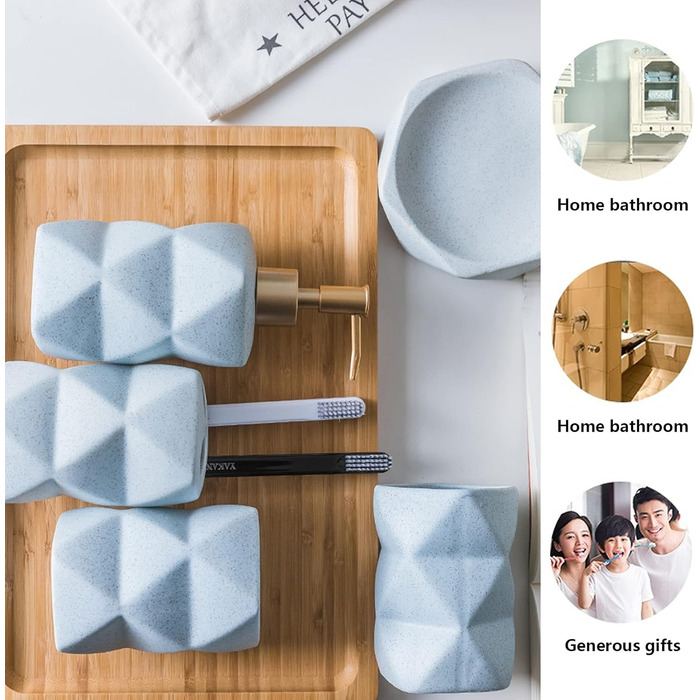 Набір аксесуарів для ванної кімнати Tauzveok: геометричний дизайн, рожевий, 4 шт. (серебряний дозатор мила, попільничка для зубних щіток, мильниця, тримач для зубних щіток)