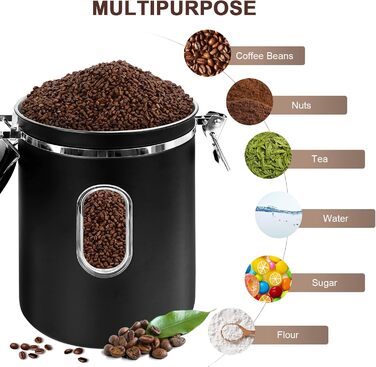 Герметичний контейнер для кави з нержавіючої сталі, 2,8 л, з CO2-вентилем та індикатором дати - для кавових зерен, кави, чаю, горіхів, какао, з мірною ложкою