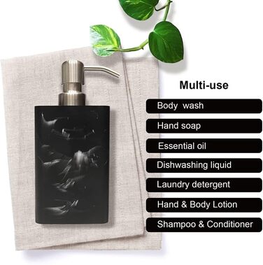 Дозатор для мила Suanti, 425 мл, з помпою з нержавіючої сталі, наповнюваний, квадратний, декоративний, для мила для рук, посудомийної рідини та лосьйону, стиль чорного мармуру