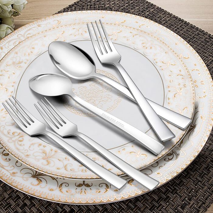 Набір столових приборів Herogo на 6 осіб (36 предметів) з нержавіючої сталі, з ножем для стейку, для дому/ресторану, придатний для миття в посудомийній машині (квадратний)