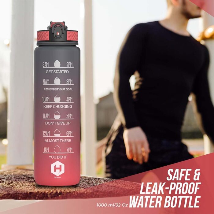 1L Drinking Bottle - BPA-Free Drinking Bottle with Straw and Time Markings - Water Bottle for Bicycle, Outdoor, School, Running, and Gym - Carbonated Drink Bottle Suitable (gray and red)