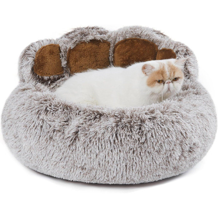 Jiupety Pet Round Dog Bed in Paw Shape, Soothing Donut Dog Bed, Faux Fur Cat Bed, Medium Size. The diameter is 56cm, comfortable and soft, machine washable, grey.