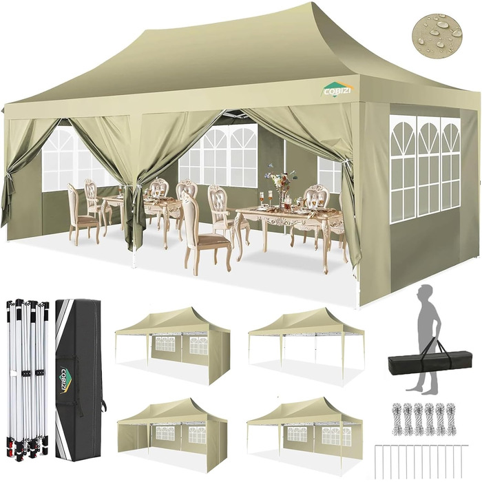 COBIZI Pavilion 3x3 Waterproof, Stable, Winter-Proof Party Tent, Folding Pavilion 3.0, 100% Waterproof and UV 50+ Portable High-End Portability Garden Pavilion, (Khaki, 3x6 with 6 Side Walls)