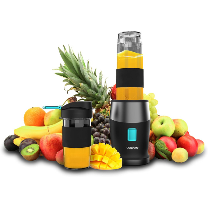 Cecotec Portable Single Blender Power Titanium 300 EasyGo - 350W Ice Crusher with Titanium-Coated Blades, 2 Cooling Tubes, 2 Travel Cups & Lids