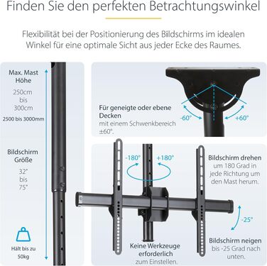 Стельовий кронштейн для телевізора StarTech.com 32-75 дюймів VESA (FLATPNLCEIL), регульований за висотою, з поворотом та нахилом