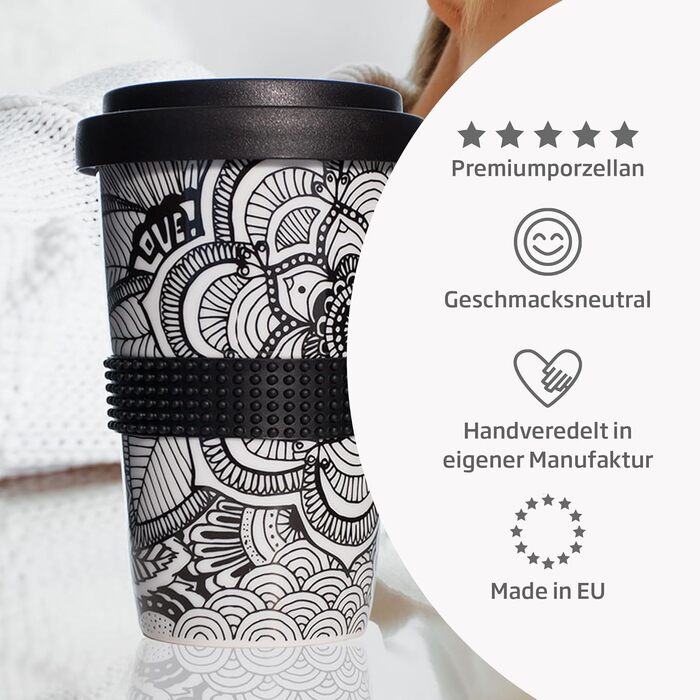 Mahlwerck Coffee-to-go Cup, Porcelain Coffee-to-go Cup with Leak-proof Lid, Design, Grey, 400ml (1 piece (1-pack), Gold)