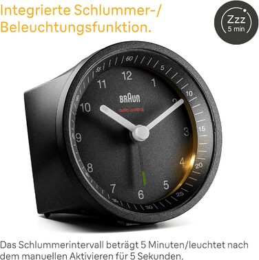 Classic analog radio alarm clock by Braun for the Central European Time Zone (CET/GMT+1) with snooze function and light, quiet movement, crescendo alarm in black, model BC07B-DCF