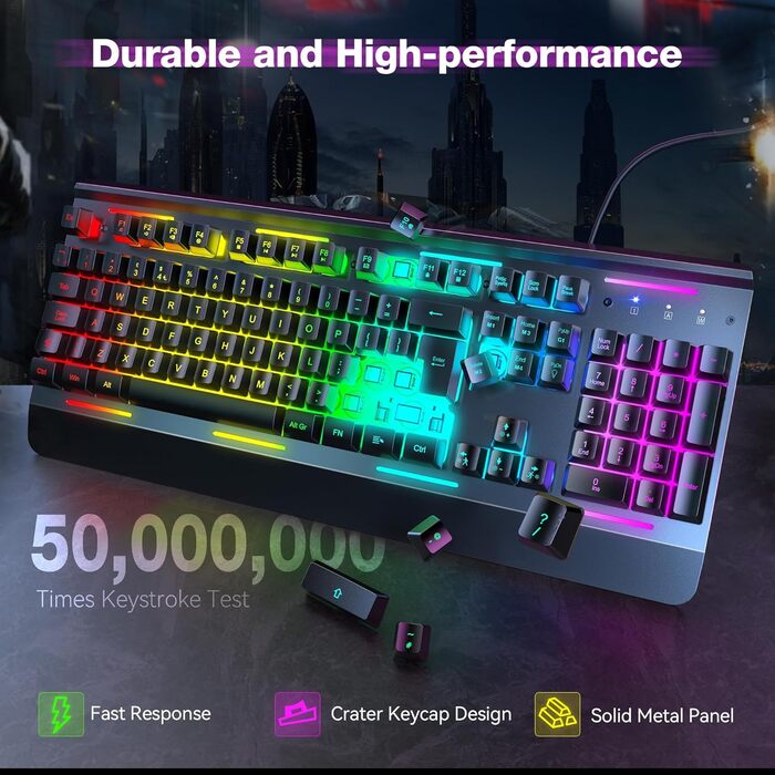 Клавіатура ігрова TECKNET RGB для ПК, 105 клавіш, повнорозмірна, з підсвічуванням, підставка для зап'ястя, QWERTY (ES)