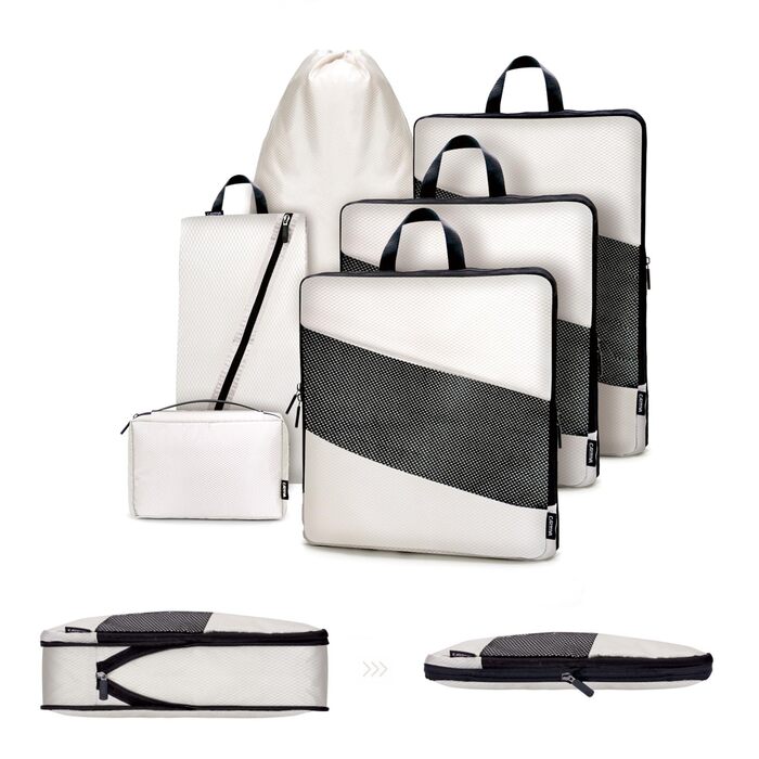 Набір органайзерів для валізи з компресією, 6 шт. - Кубики для пакування одягу, білий (Elfenbein) - Організація багажу в дорогу