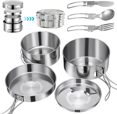 Набір кухонного посуду для кемпінгу на 2-3 особи з нержавіючої сталі: 7 предметів для пікніків, походів та кемпінгу