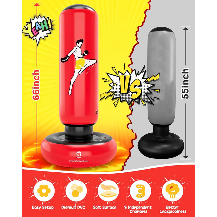 Дитячий боксерський мішок QPAU з рукавичками, 168 см, стабільний надувний боксерський мішок для дітей 6-12 років, подарунок для хлопчиків та дівчаток (Червоний)