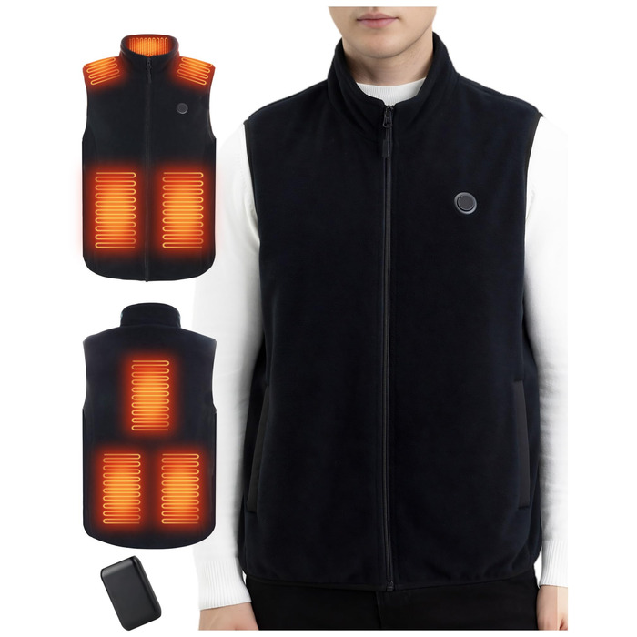 Обогревна жилетка з флісу для чоловіків з акумулятором 5V 10000mAh - жилетка з 3 рівнями нагріву, 5 зонами обігріву, ідеальна для роботи на відкритому повітрі, катання на лижах, піших прогулянок та щоденних поїздок. Чорний, XXL