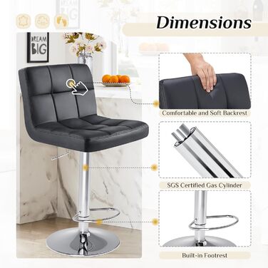 DUMOS Modern Adjustable Bar Stools 2-Pack - Metal Legs, Kitchen & Bar Height - White & Dark Black