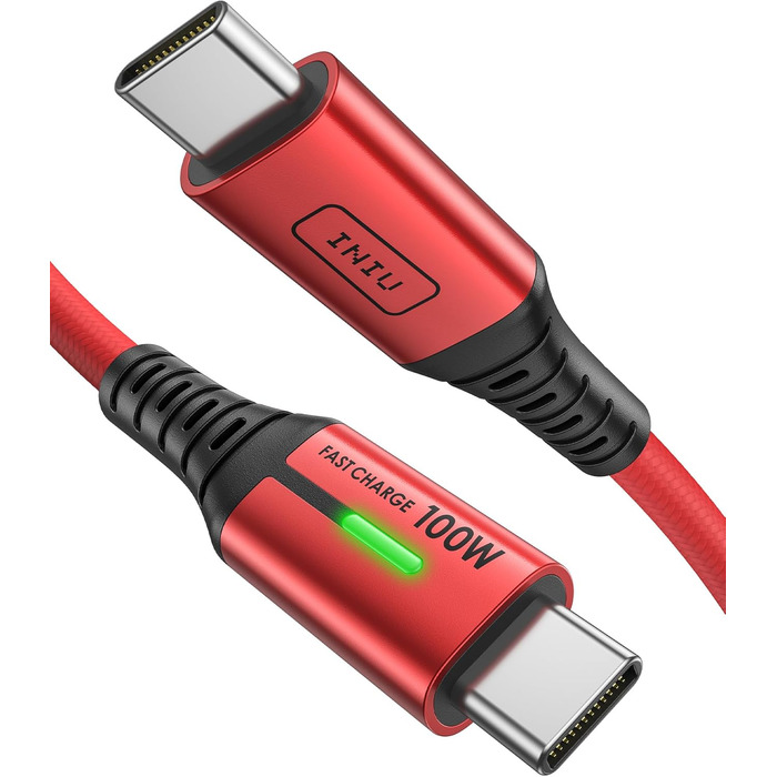 Кабель USB-C 100W з підтримкою PD3.0, 2м, червоний. Кабель USB-C для iPhone, Samsung, Pixel, iPad, MacBook. Нейлонова обплітання.